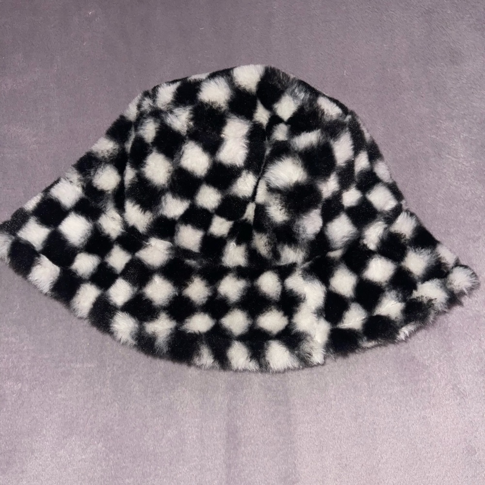 Checkered Black and White Fuzzy Bucket Hat